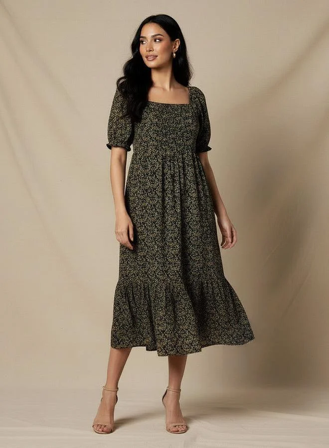 Splash FAV Floral Print Midi Dress with Square Neck