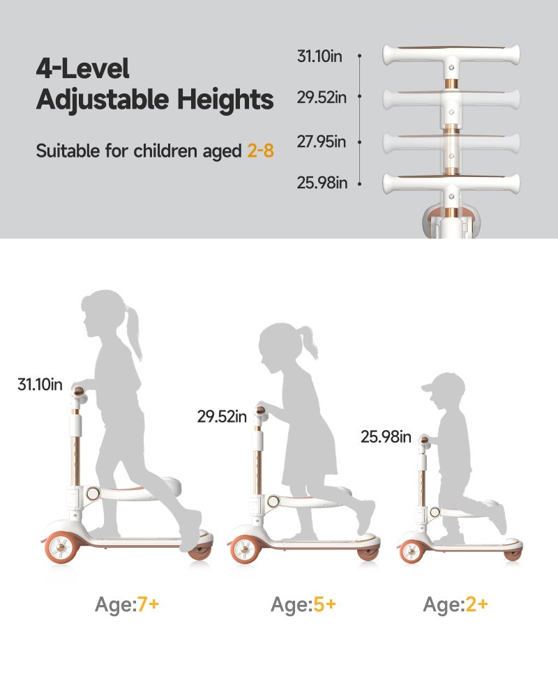 WinHope 2-in-1 Toddler Scooter with Removable Seat, 3 Wheel Kids Scooter with Lean-to-Steer, Adjustable Handlebars, Wide Anti-Slip Deck, LED Light-Up Wheels (White) - Image 3