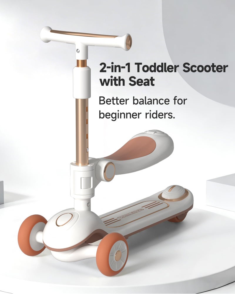 WinHope 2-in-1 Toddler Scooter with Removable Seat, 3 Wheel Kids Scooter with Lean-to-Steer, Adjustable Handlebars, Wide Anti-Slip Deck, LED Light-Up Wheels (White) - Image 2