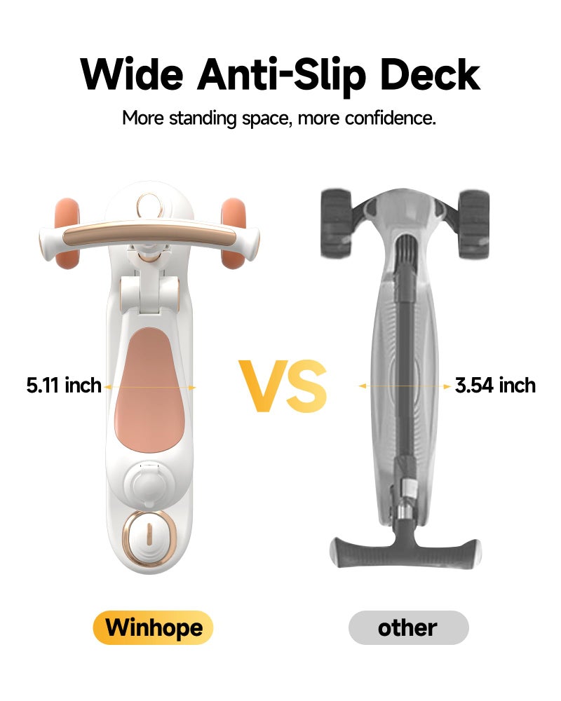 WinHope 2-in-1 Toddler Scooter with Removable Seat, 3 Wheel Kids Scooter with Lean-to-Steer, Adjustable Handlebars, Wide Anti-Slip Deck, LED Light-Up Wheels (White) - Image 4