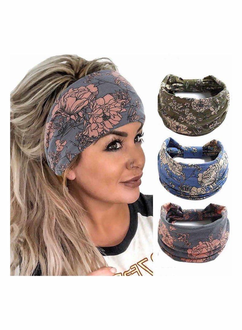 SYOSI Boho Bandeau Headbands, Wide Knot Hair Scarf Floral Printed Hair Band Elastic Turban Thick Head Wrap Stretch Fabric Cotton Head Bands Thick Fashion Hair Accessories for Women, 3 Pcs, Style B - Image 1