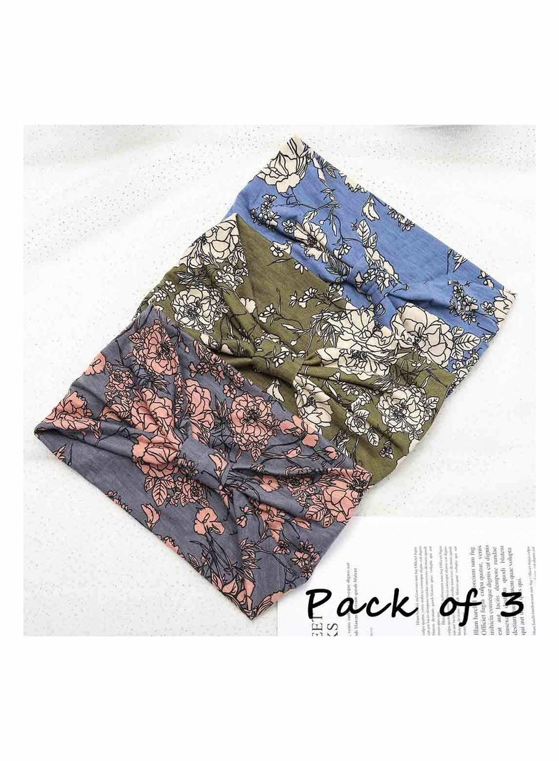 SYOSI Boho Bandeau Headbands, Wide Knot Hair Scarf Floral Printed Hair Band Elastic Turban Thick Head Wrap Stretch Fabric Cotton Head Bands Thick Fashion Hair Accessories for Women, 3 Pcs, Style B - Image 3