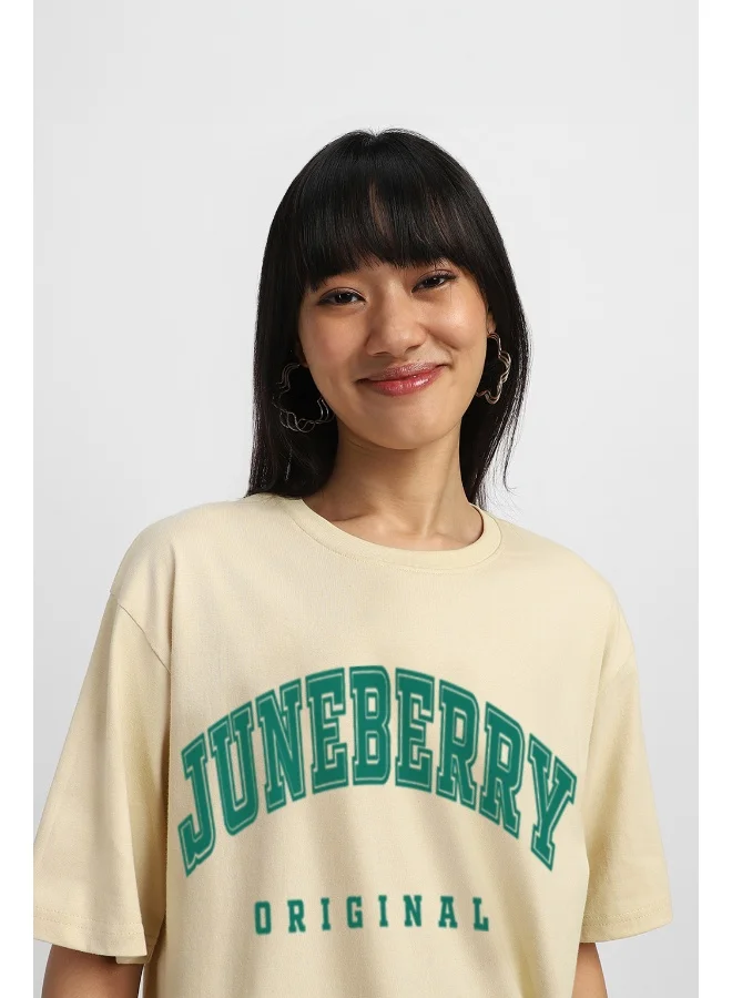 جونبيري JUNEBERRY® Swan White Oversized Drop Shoulders Brand Logo Typography Print Round-Neck Relaxed Fit T-Shirt for Women (JB_OS_100_JBORGNL_SW_XL)