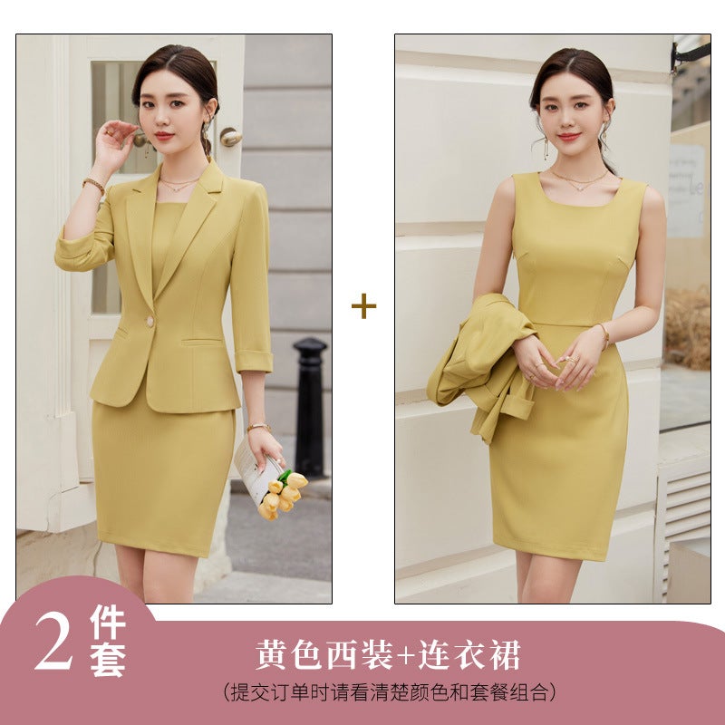 2024 New busaron womens half sleeve professional suit dress formal suit interview sales work clothes 8653 Yellow Top +929 yellow dress