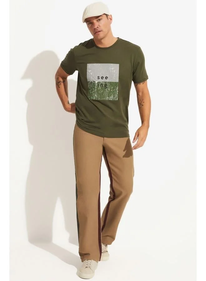 JUNE June Men Regular Fit 100% Cotton Printed Crew Neck Tshirt Khaki