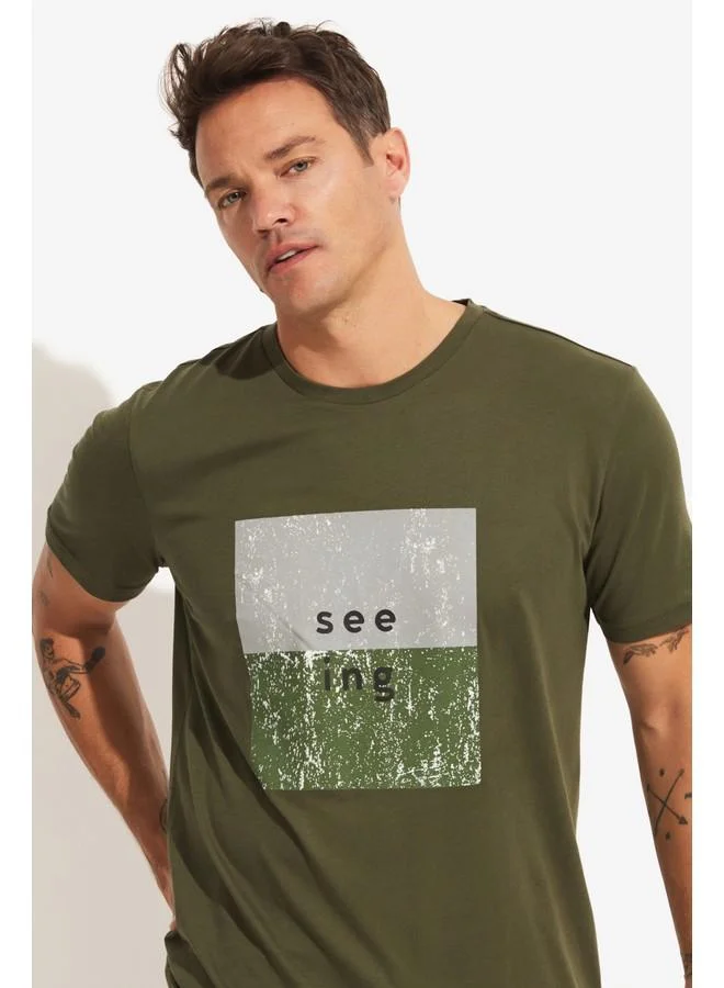 JUNE June Men Regular Fit 100% Cotton Printed Crew Neck Tshirt Khaki