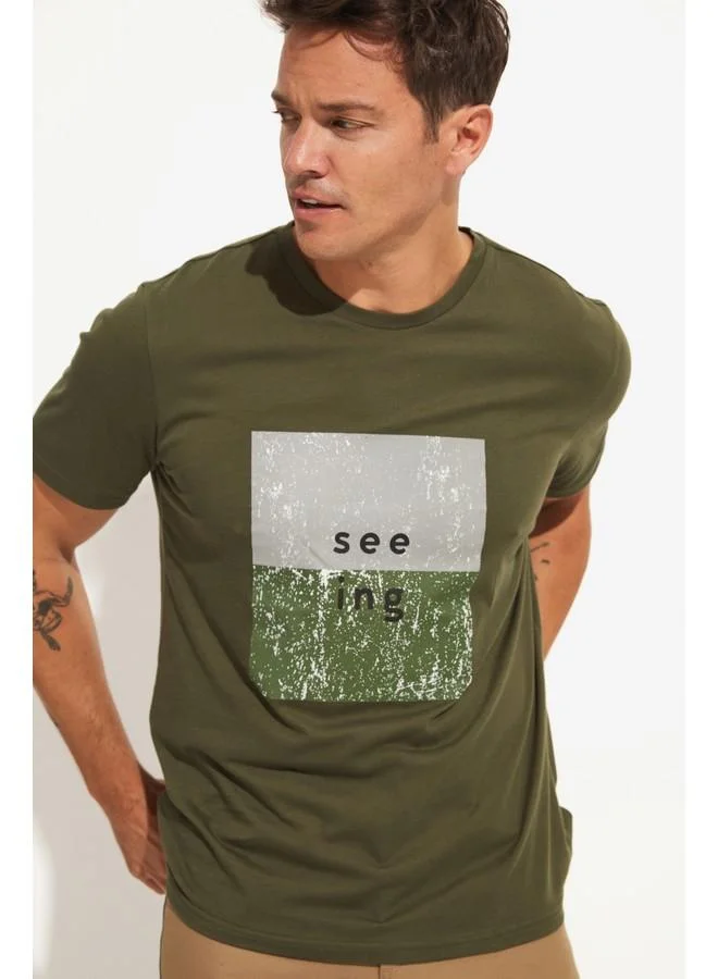JUNE June Men Regular Fit 100% Cotton Printed Crew Neck Tshirt Khaki