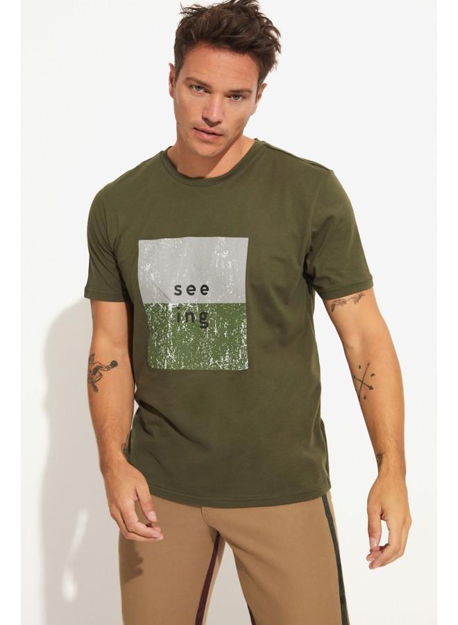 June Men Regular Fit 100% Cotton Printed Crew Neck Tshirt Khaki - Image 1