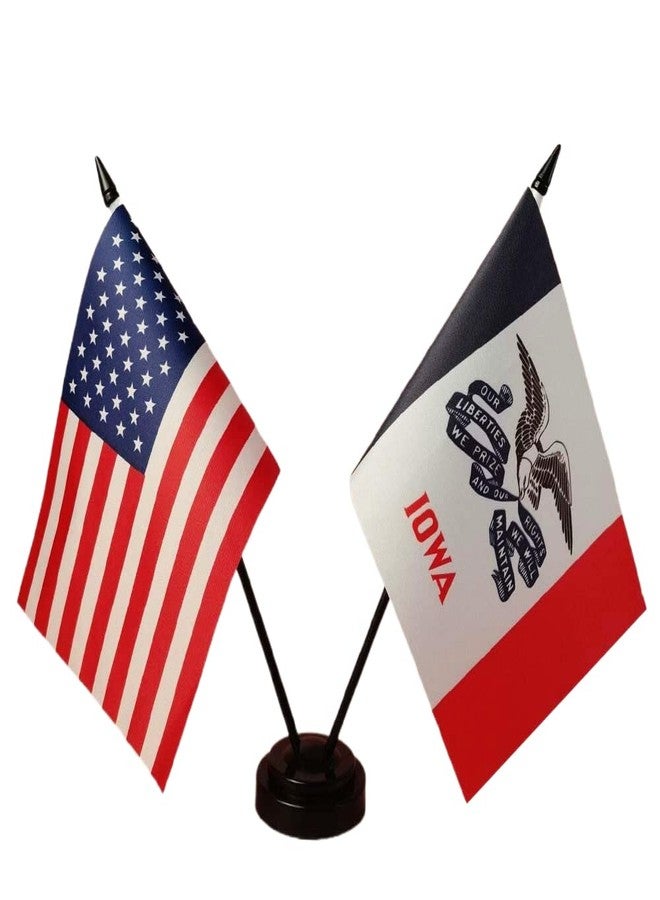 America & Iowa Twin Desk Flag, US Iowa Table Flags, 8 x 5 Inches American & Iowa Deluxe Desk Flag Set - Miniature USA & Iowa Stick Flag with Flag Stand