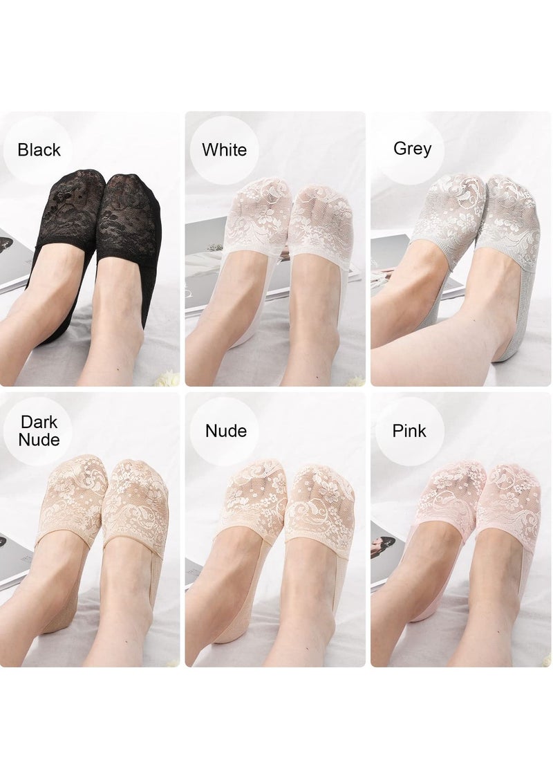 SYOSI - 6 Pairs No Show Lace Socks for Women, Ladies Low Cut Liner Invisible Socks, Non slip Soft Breathable Ankle Socks Boat Socks for Loafers Sneakers Flats Boat Shoes, Black Nude Grey White Pink - Image 1