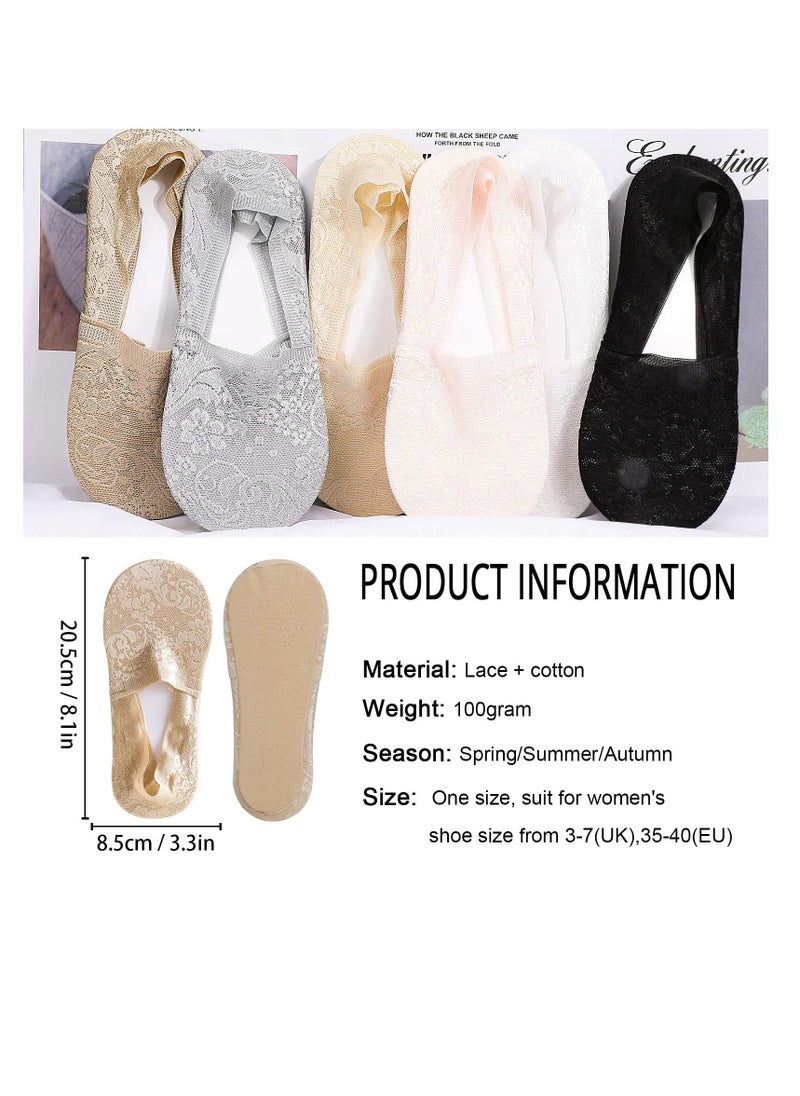 SYOSI - 6 Pairs No Show Lace Socks for Women, Ladies Low Cut Liner Invisible Socks, Non slip Soft Breathable Ankle Socks Boat Socks for Loafers Sneakers Flats Boat Shoes, Black Nude Grey White Pink - Image 1
