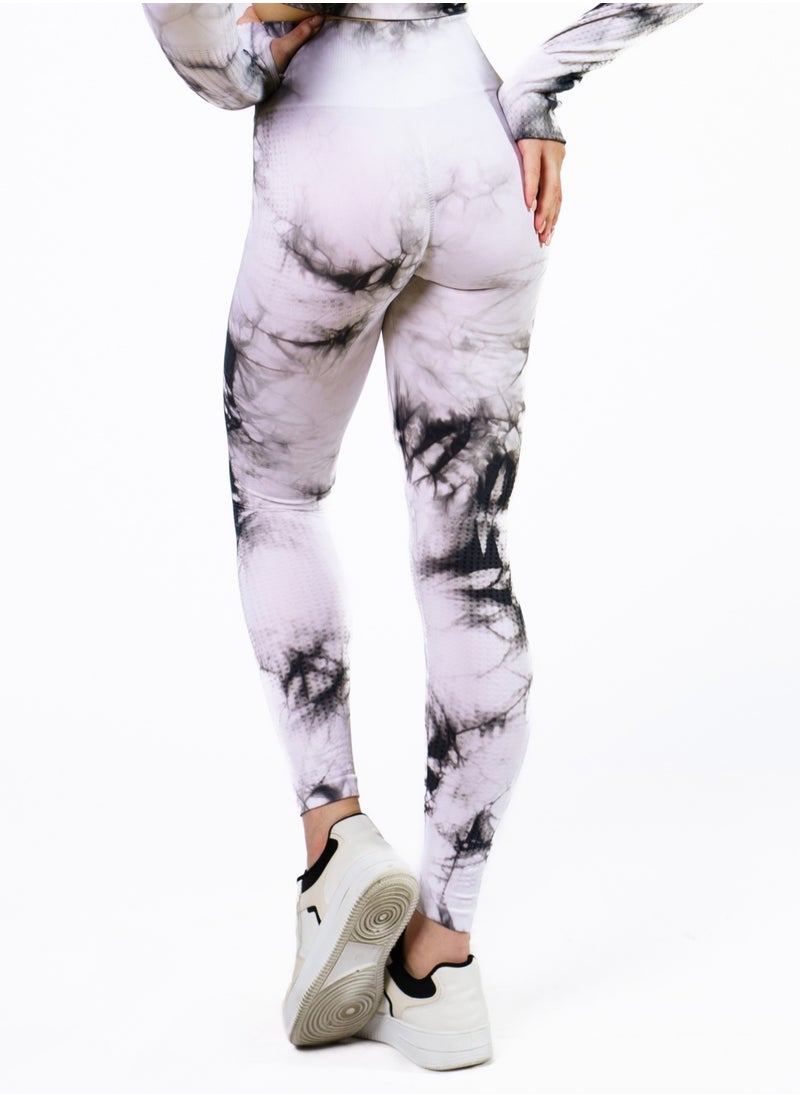 Bernessi Nylon Women's Tie-Dye Gym Leggings High Waist with Tummy Control for Yoga Workout Running Fitness Gym Pants Textured White Black Print  - Image 2
