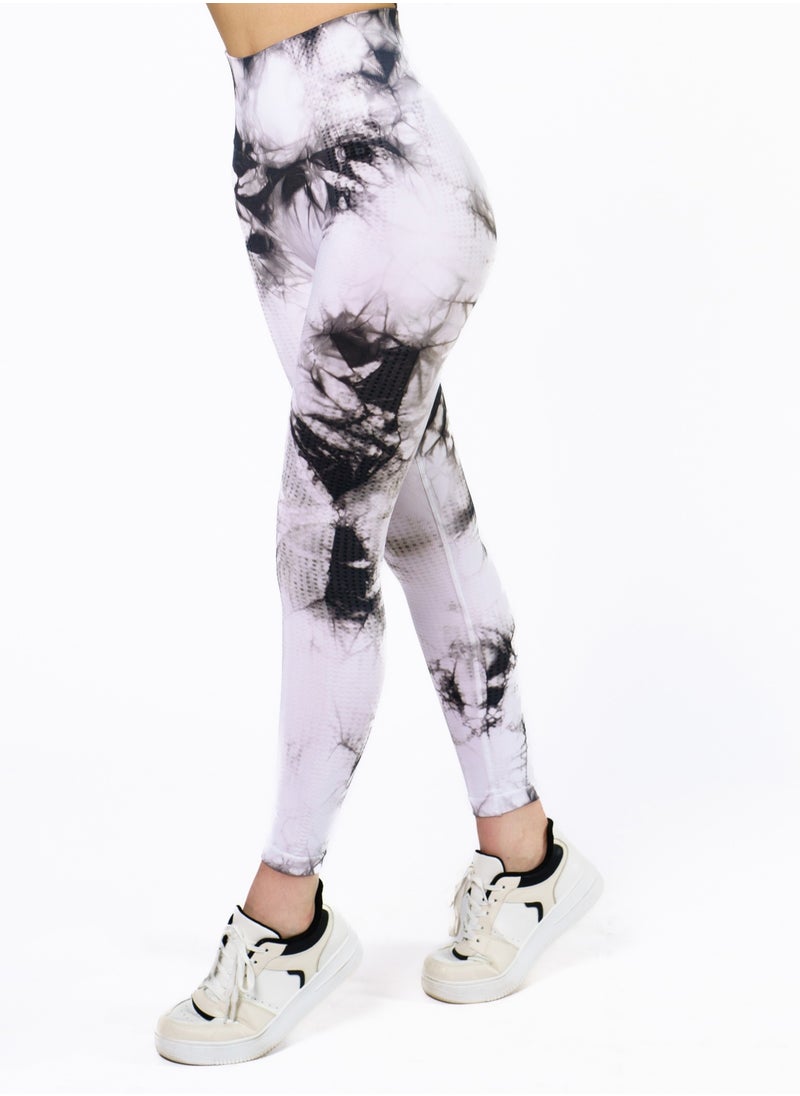 Bernessi Nylon Women's Tie-Dye Gym Leggings High Waist with Tummy Control for Yoga Workout Running Fitness Gym Pants Textured White Black Print  - Image 3