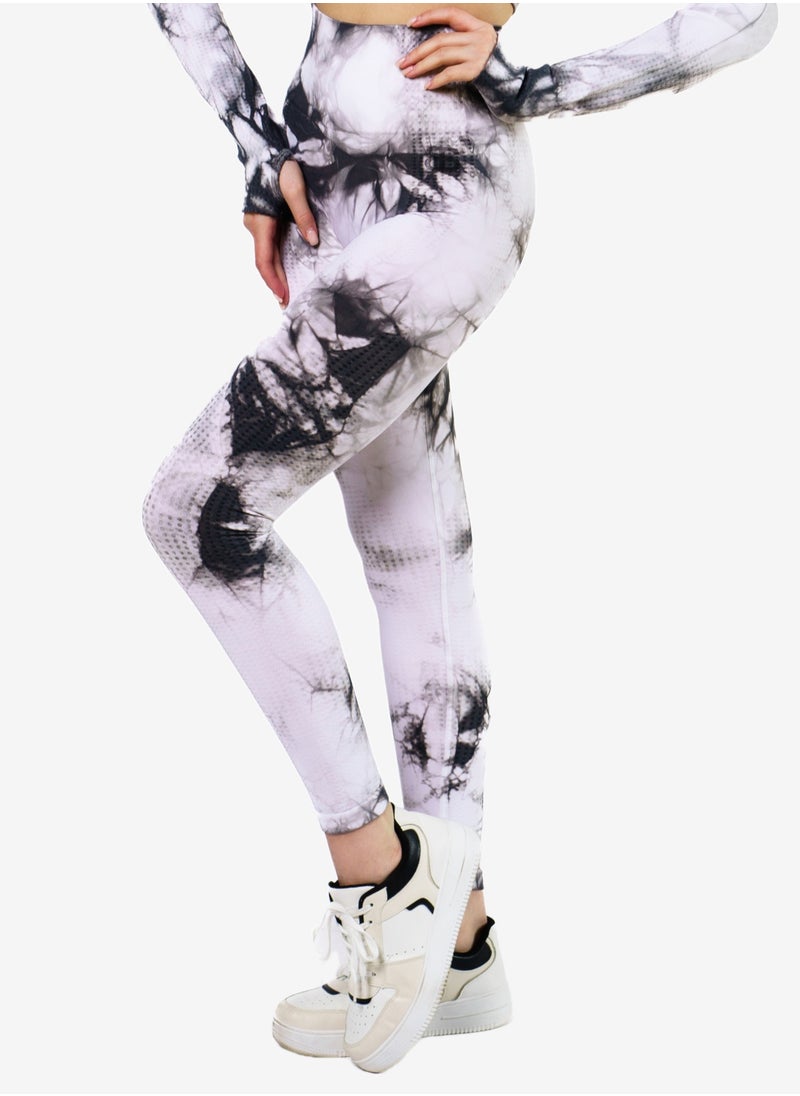 Bernessi Nylon Women's Tie-Dye Gym Leggings High Waist with Tummy Control for Yoga Workout Running Fitness Gym Pants Textured White Black Print  - Image 1