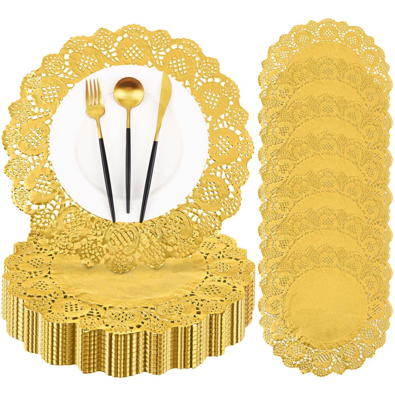 MCEAST 144 Pieces 14 Inch Round Lace Gold Paper Doilies Disposable Foil Lace Placemats for Cakes Crafts Party Weddings Tableware Decoration