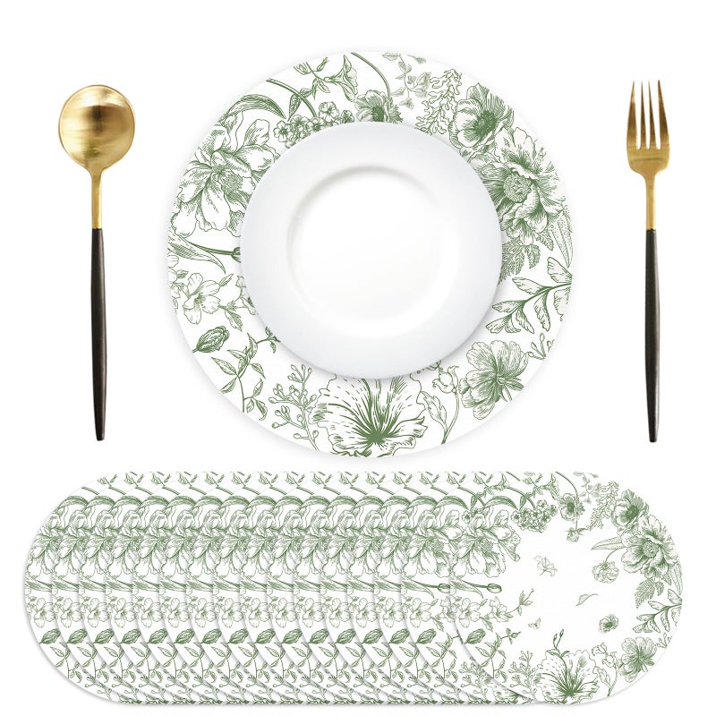 Tarklanda 50 Pack Paper Placemats Disposable Green Floral Placemats 13.7 Inch Vintage Sage Green Flower Place Mats Chinoiserie Round Table Mats for Dinner Table Setting Birthday Wedding Party Supplies - Image 1