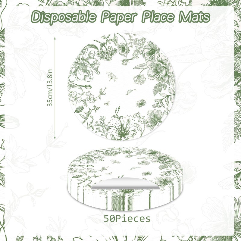 Tarklanda 50 Pack Paper Placemats Disposable Green Floral Placemats 13.7 Inch Vintage Sage Green Flower Place Mats Chinoiserie Round Table Mats for Dinner Table Setting Birthday Wedding Party Supplies - Image 2