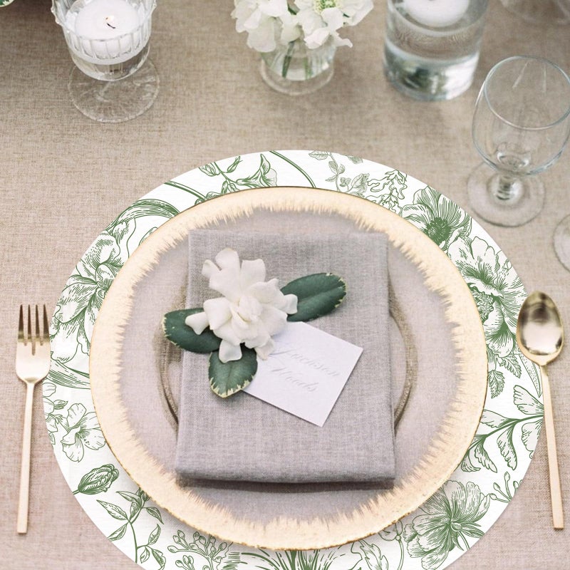 Tarklanda 50 Pack Paper Placemats Disposable Green Floral Placemats 13.7 Inch Vintage Sage Green Flower Place Mats Chinoiserie Round Table Mats for Dinner Table Setting Birthday Wedding Party Supplies - Image 4