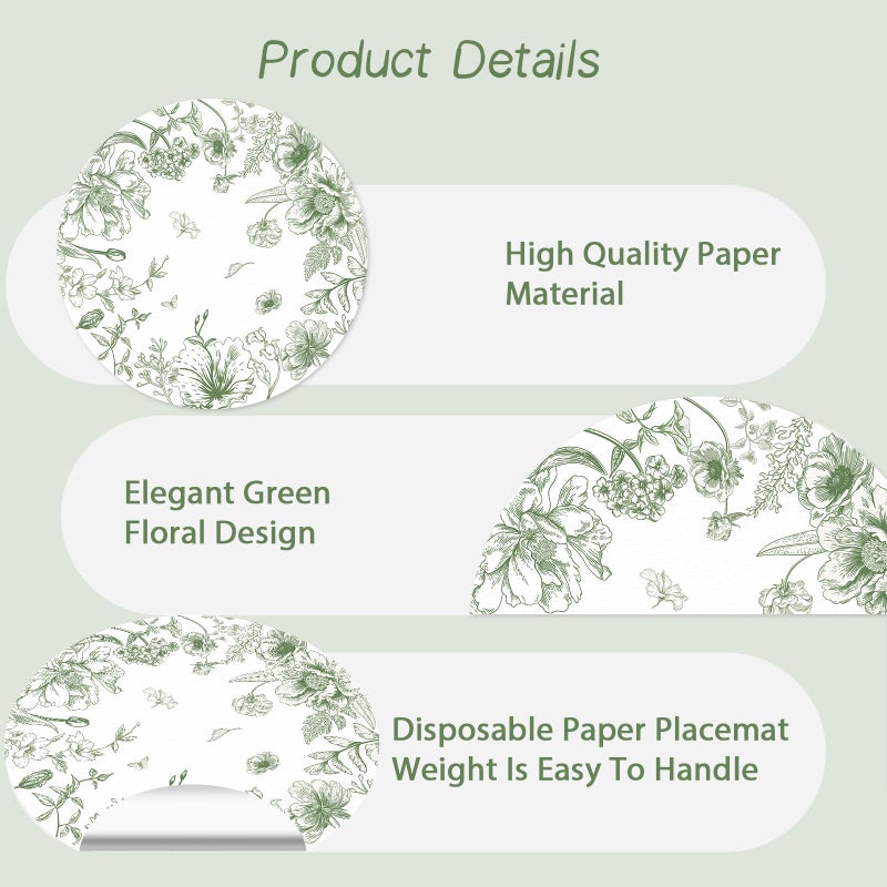Tarklanda 50 Pack Paper Placemats Disposable Green Floral Placemats 13.7 Inch Vintage Sage Green Flower Place Mats Chinoiserie Round Table Mats for Dinner Table Setting Birthday Wedding Party Supplies - Image 3