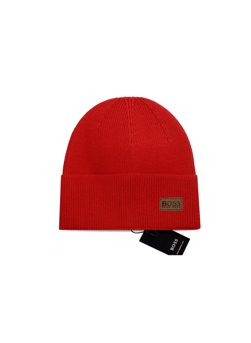 BOSS Red Knit Beanie with Leather Brand Patch