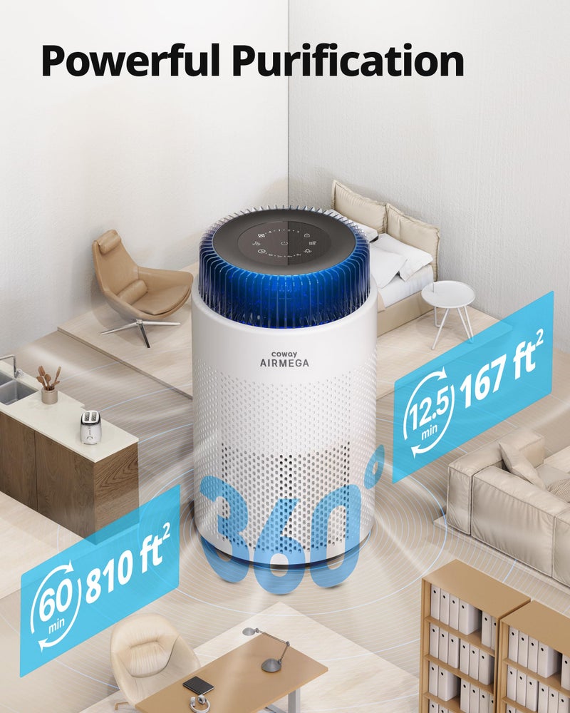 COWAY منقيات الهواء COWAY للمنزل حتى 810 قدم مربع، فلتر HEPA وفلتر كربون للدخان، الحساسية، شعر الحيوانات الأليفة، الروائح، مراقب جودة الهواء، وضع تلقائي، مؤقت، مؤشر الفلتر، ضوء ليلي، ضمان 3 سنوات، أبيض 100 - Image 3
