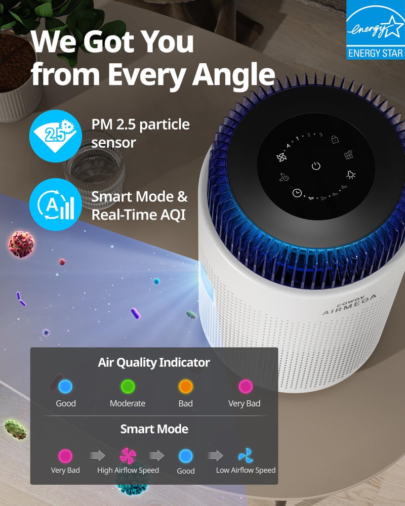 COWAY منقيات الهواء COWAY للمنزل حتى 810 قدم مربع، فلتر HEPA وفلتر كربون للدخان، الحساسية، شعر الحيوانات الأليفة، الروائح، مراقب جودة الهواء، وضع تلقائي، مؤقت، مؤشر الفلتر، ضوء ليلي، ضمان 3 سنوات، أبيض 100 - Image 5