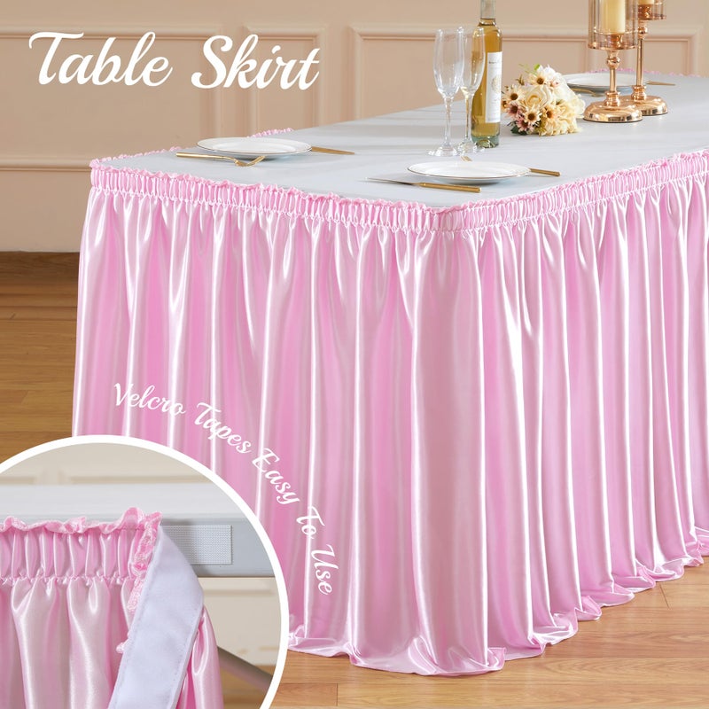 PARTISKY 6ft Length Glitter Pink Table Skirt for Rectangle Tables, Wrinkle Free Pleated Ruffle Table Cloth Satin Skirting for Baby Shower Birthday Party Princess Girls Gender Reveal Cake Table Decorations - Image 2