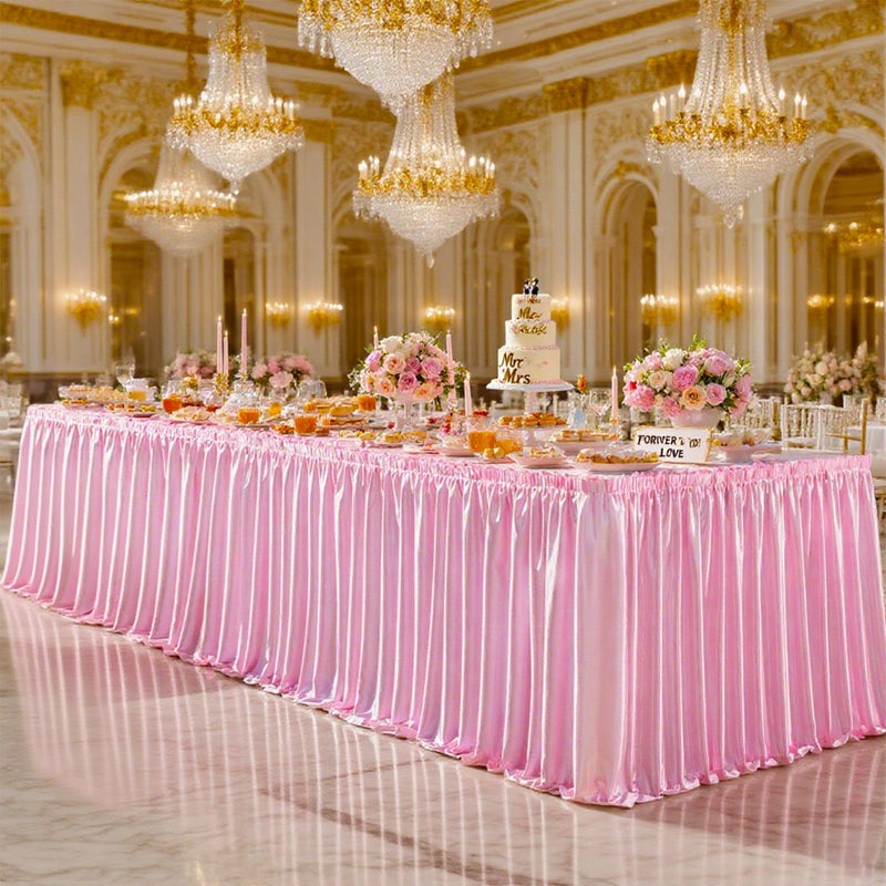 PARTISKY 6ft Length Glitter Pink Table Skirt for Rectangle Tables, Wrinkle Free Pleated Ruffle Table Cloth Satin Skirting for Baby Shower Birthday Party Princess Girls Gender Reveal Cake Table Decorations - Image 1