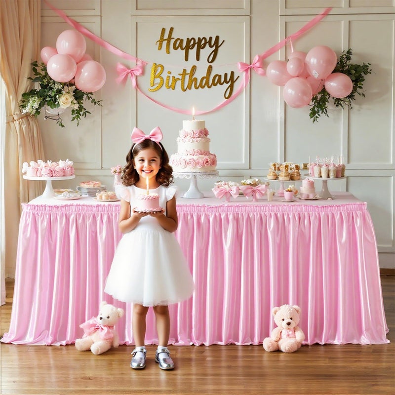 PARTISKY 6ft Length Glitter Pink Table Skirt for Rectangle Tables, Wrinkle Free Pleated Ruffle Table Cloth Satin Skirting for Baby Shower Birthday Party Princess Girls Gender Reveal Cake Table Decorations - Image 5