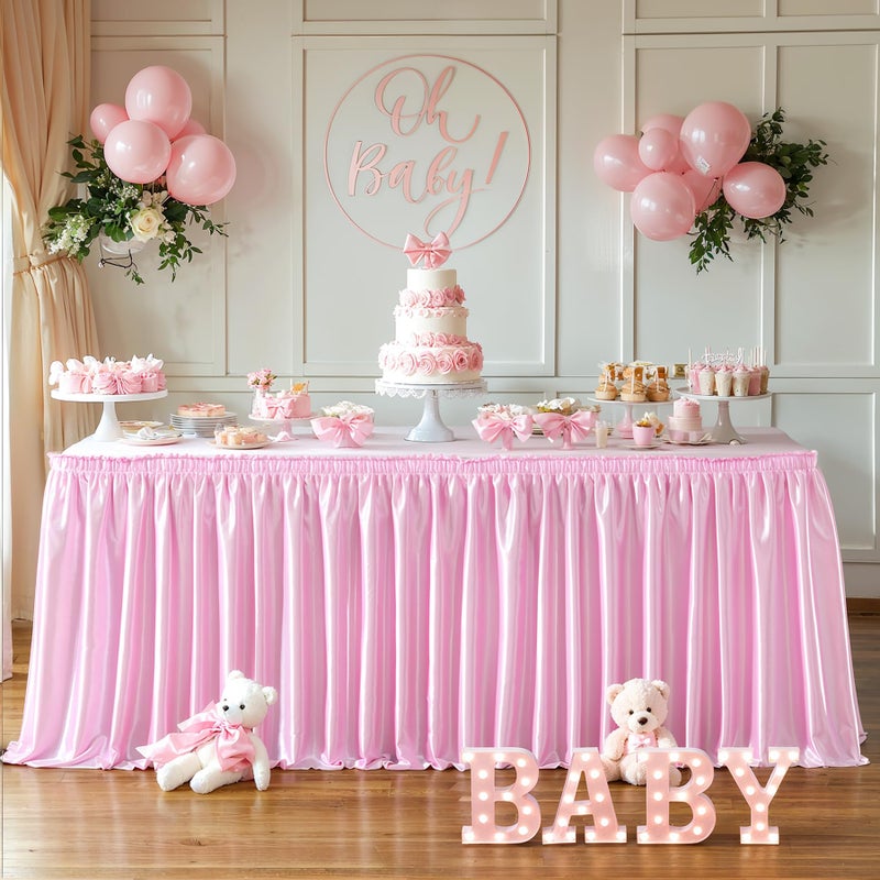 PARTISKY 6ft Length Glitter Pink Table Skirt for Rectangle Tables, Wrinkle Free Pleated Ruffle Table Cloth Satin Skirting for Baby Shower Birthday Party Princess Girls Gender Reveal Cake Table Decorations - Image 4