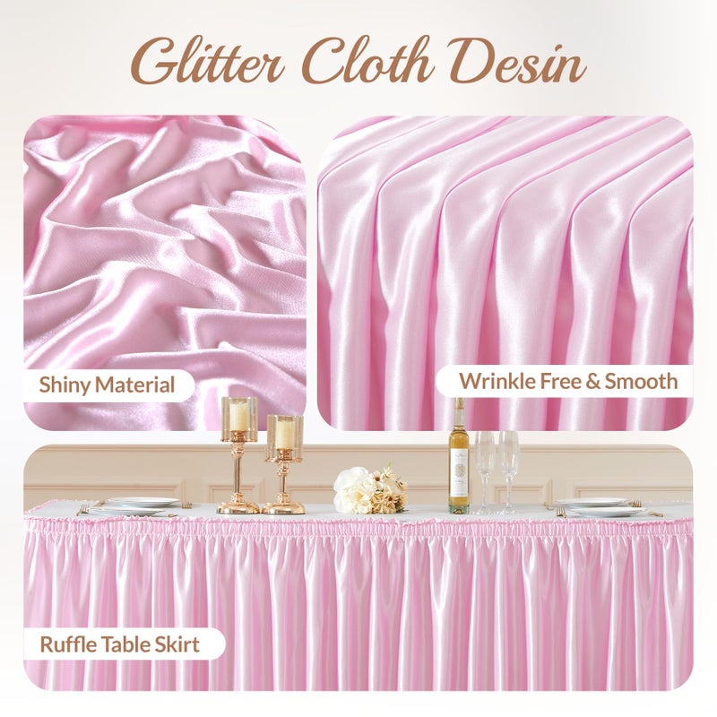 PARTISKY 6ft Length Glitter Pink Table Skirt for Rectangle Tables, Wrinkle Free Pleated Ruffle Table Cloth Satin Skirting for Baby Shower Birthday Party Princess Girls Gender Reveal Cake Table Decorations - Image 3