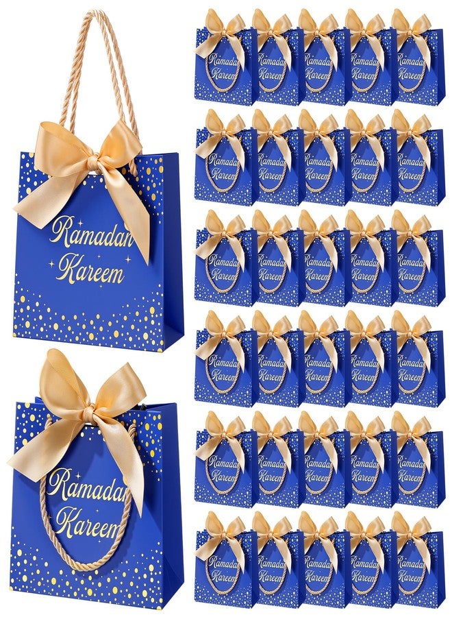Glenmal 30 Pcs 5.51x2.36x4.72'' Ramadan Gift Bags Ramadan Mubarak Blue Paper Party Bags Eid Mubarak Treat Goodie Bag with Handle and Ribbon for Ramadans Kareem Eid Mubarak's Party Supplies - Image 1