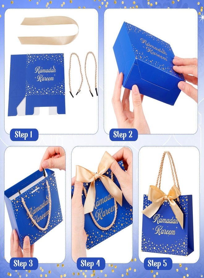 Glenmal 30 Pcs 5.51x2.36x4.72'' Ramadan Gift Bags Ramadan Mubarak Blue Paper Party Bags Eid Mubarak Treat Goodie Bag with Handle and Ribbon for Ramadans Kareem Eid Mubarak's Party Supplies - Image 3