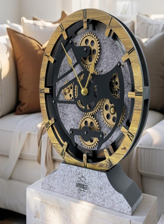 ImprovingLife Desk Clock 10 inches with Real Moving Gears Convertible into Wall Clock (Brown and Grey) - Image 1