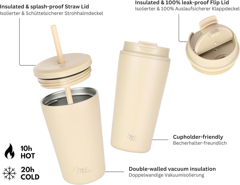 Milu Thermal Mug 300 ml, 400 ml, 500 ml - 100% Leak-Proof - Stainless Steel Coffee Mug to Go Insulated with Straw Keeps Hot for 10 Hours / 20 Hours Cold, BPA-Free (Beige, 300 ml) - Image 4