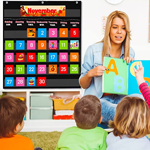 AUVCAS VNOM Black Calendar Pocket Chart for Classroom,School Pocket Calendar for Kids Learning for Home,Pre-k Homeschool Daycare Classroom Supplies for Teachers - Image 2