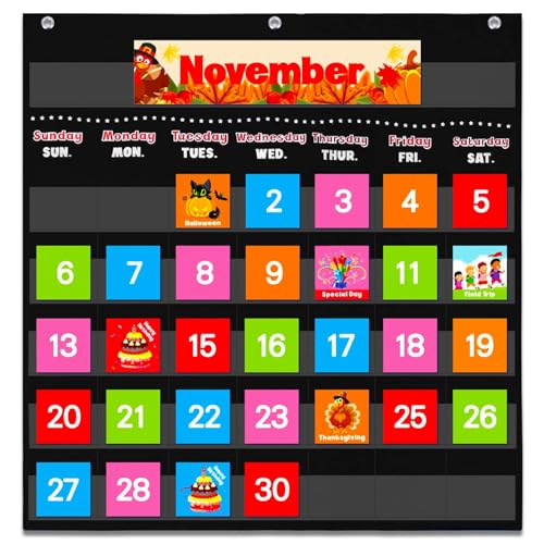 AUVCAS VNOM Black Calendar Pocket Chart for Classroom,School Pocket Calendar for Kids Learning for Home,Pre-k Homeschool Daycare Classroom Supplies for Teachers - Image 1