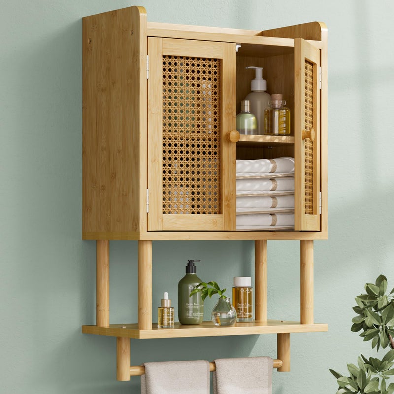 AmazerBath Bathroom Wall Cabinets, Bamboo Medicine Cabinet with Rattan Door, Over The Toilet Storage Cabinet with Towel Bar, Wall Mounted Cabinet with Adjustable Shelves for Small Spaces - Image 1