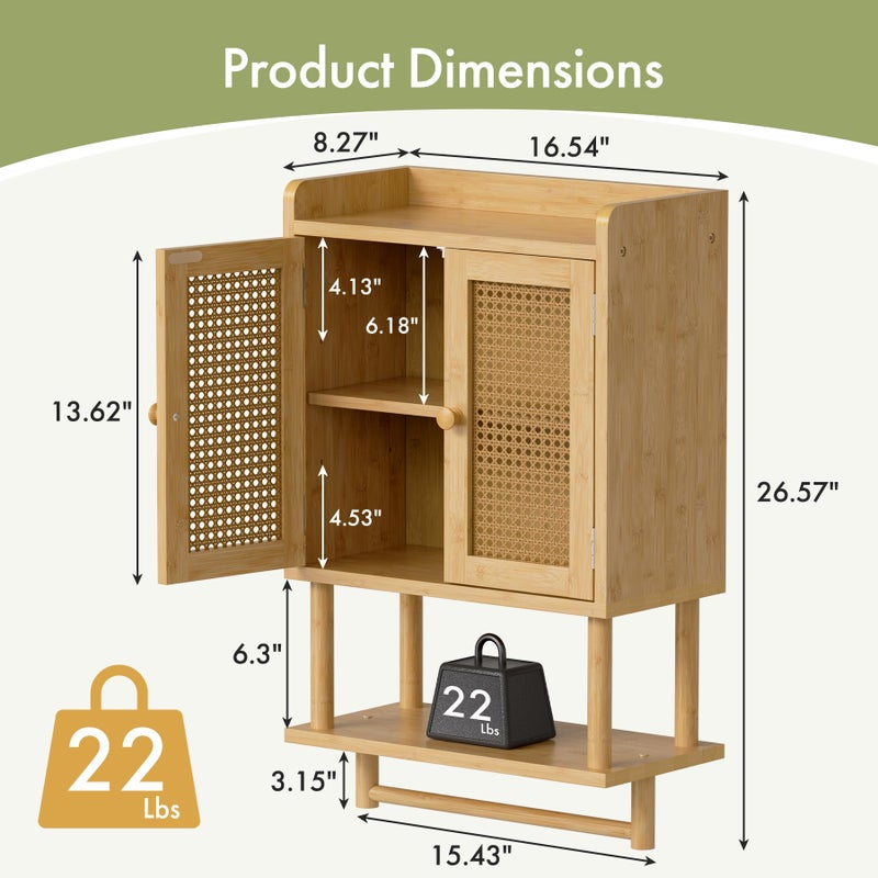 AmazerBath Bathroom Wall Cabinets, Bamboo Medicine Cabinet with Rattan Door, Over The Toilet Storage Cabinet with Towel Bar, Wall Mounted Cabinet with Adjustable Shelves for Small Spaces - Image 2