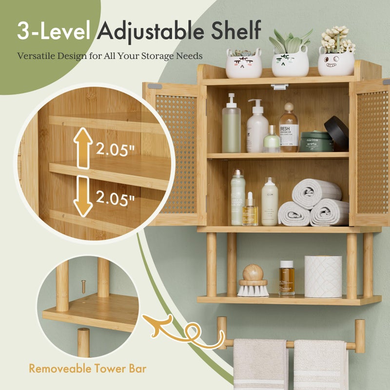 AmazerBath Bathroom Wall Cabinets, Bamboo Medicine Cabinet with Rattan Door, Over The Toilet Storage Cabinet with Towel Bar, Wall Mounted Cabinet with Adjustable Shelves for Small Spaces - Image 3