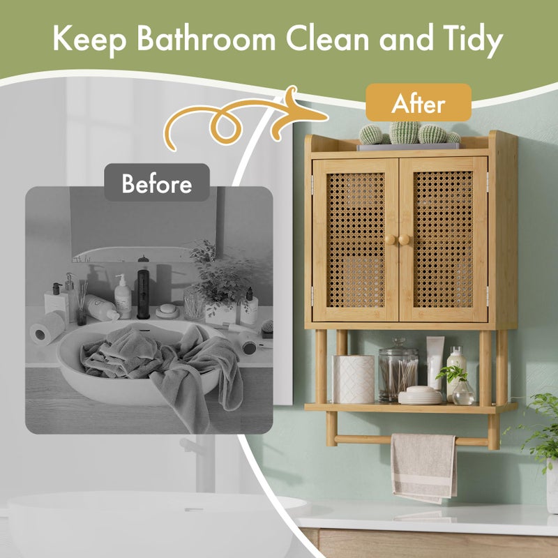 AmazerBath Bathroom Wall Cabinets, Bamboo Medicine Cabinet with Rattan Door, Over The Toilet Storage Cabinet with Towel Bar, Wall Mounted Cabinet with Adjustable Shelves for Small Spaces - Image 5
