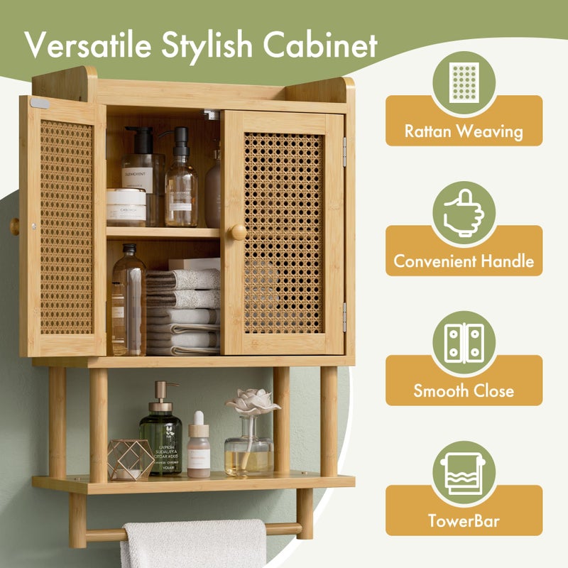 AmazerBath Bathroom Wall Cabinets, Bamboo Medicine Cabinet with Rattan Door, Over The Toilet Storage Cabinet with Towel Bar, Wall Mounted Cabinet with Adjustable Shelves for Small Spaces - Image 4