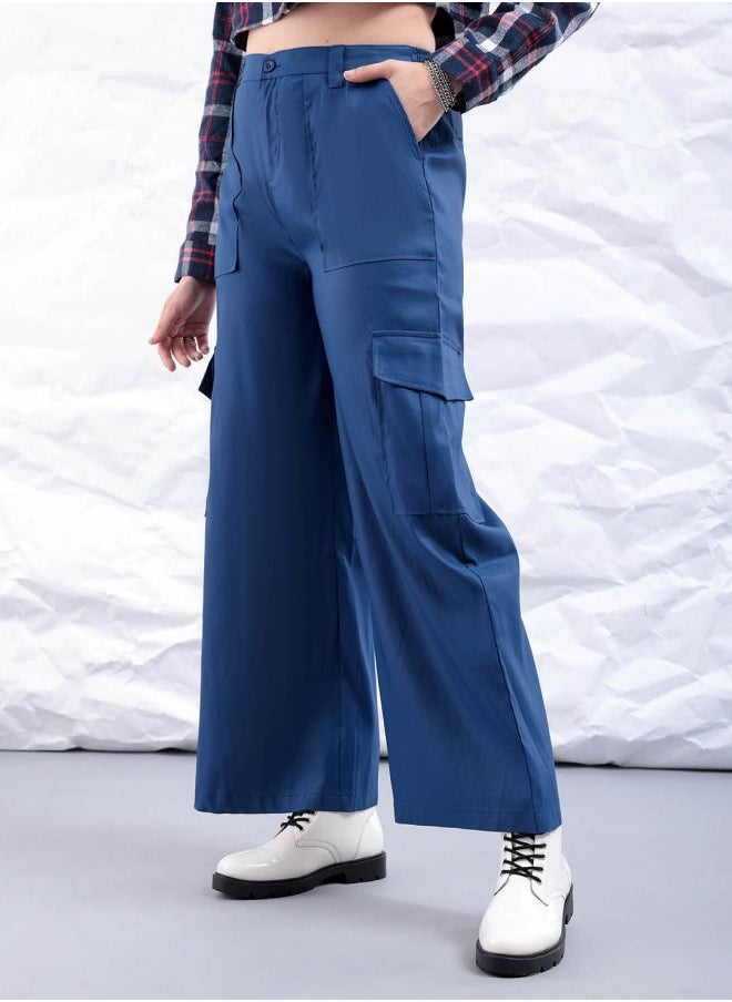 Freehand Women Flared Solid Mid-Rise Elasticated Cargo Trousers  - Image 3