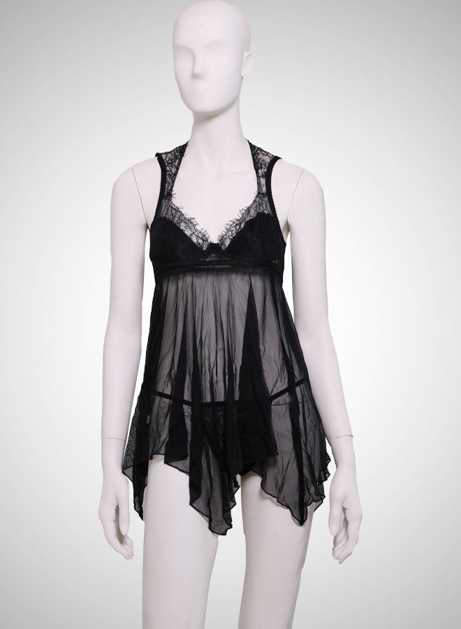 ovitio Black Nightwear Lingerie Set with Lace and Chiffon Details - Two Pieces - Image 1