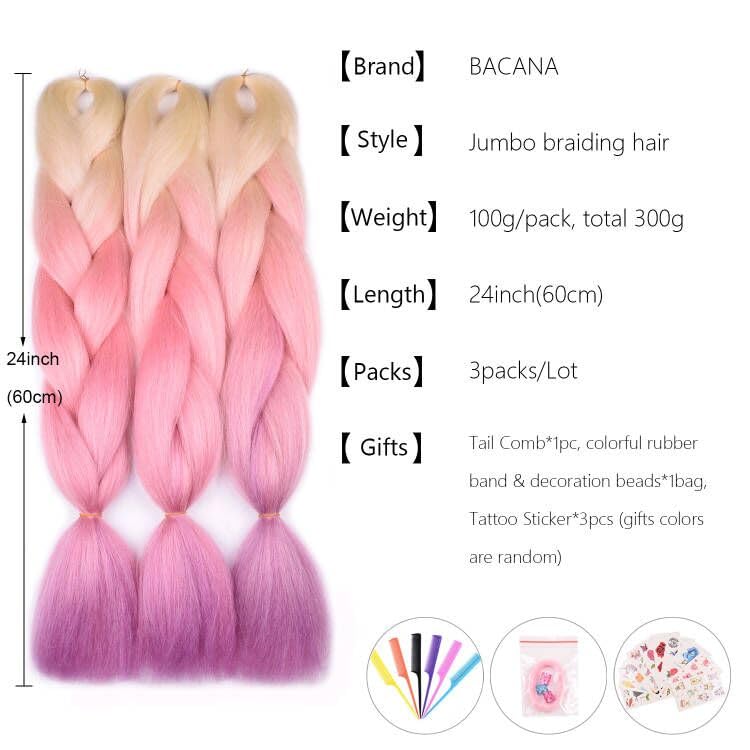 BACANA Blonde Braiding Hair Ombre Blonde Pink Purple 3pcs Synthetic Jumbo Braid In Hair Extension For Braiding Twist Crochet Braids 24 Inch Soft 100G/PC - Image 2