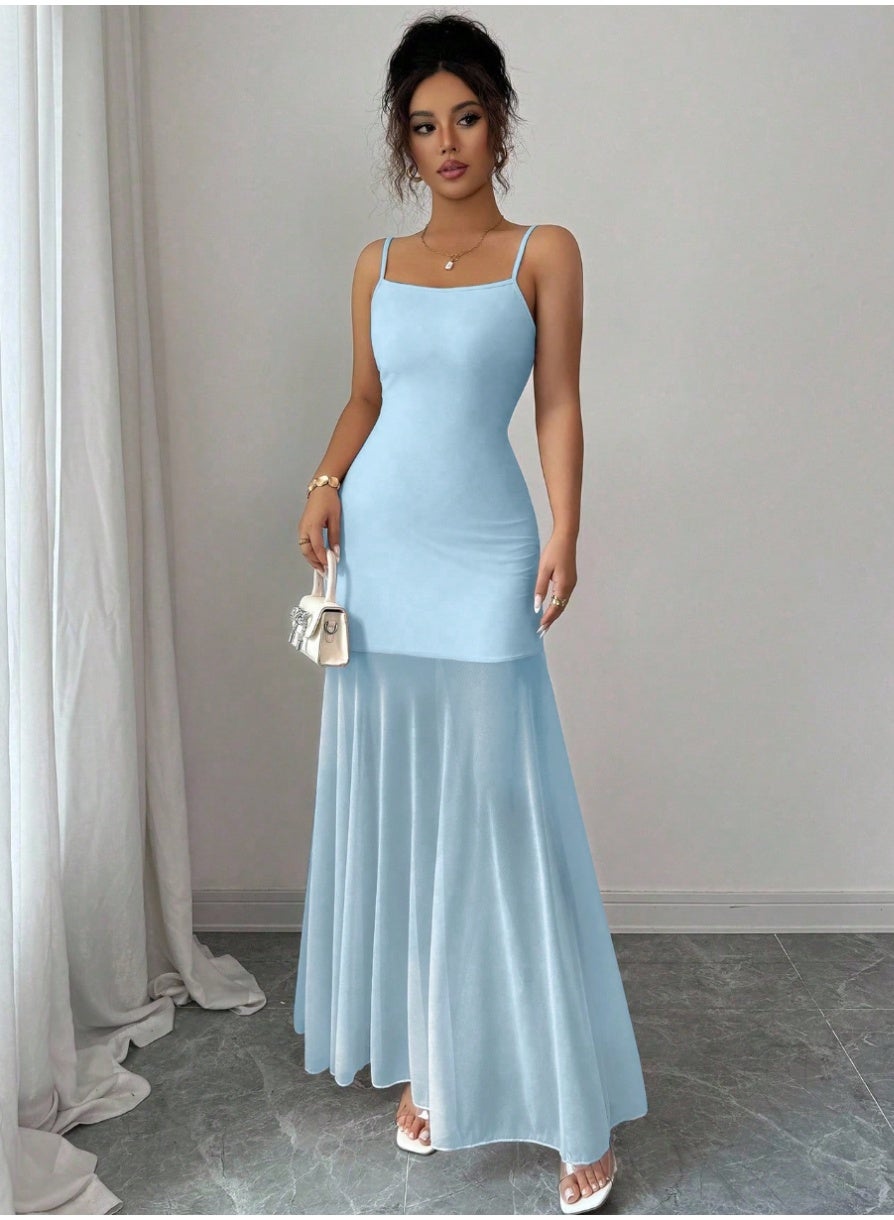Fitted Mesh Patchwork Maxi Fish Tail Sleeveless Slip Dress