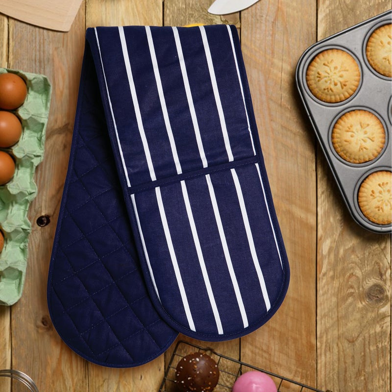 Premier Housewares 100% Cotton Gloves, Double Oven Mitts, Striped, Heat Resistant, H83X W18X D2, Blue - Image 2