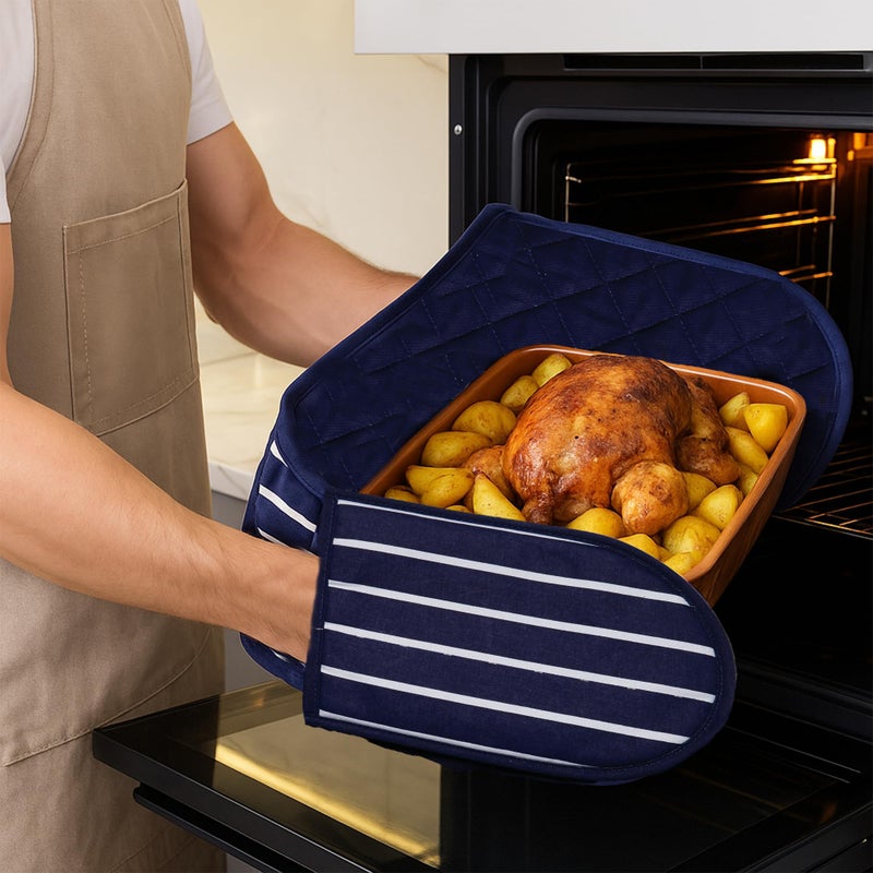 Premier Housewares 100% Cotton Gloves, Double Oven Mitts, Striped, Heat Resistant, H83X W18X D2, Blue - Image 4