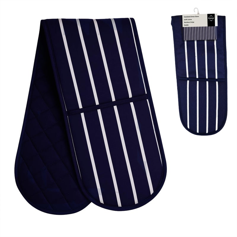 Premier Housewares 100% Cotton Gloves, Double Oven Mitts, Striped, Heat Resistant, H83X W18X D2, Blue - Image 1