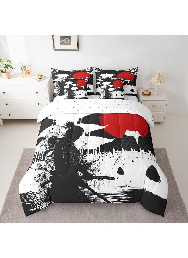 Feelyou - Feelyou Samurai Queen Size Comforter Set 7 Pieces for Boys Girls Kids Sunset Bed in a Bag with Comforter, Sheets, Pillowcases & Cushion Cover Red Sun Japanese Wave Japanese Ukiyoe Theme Bedding Set - Image 1